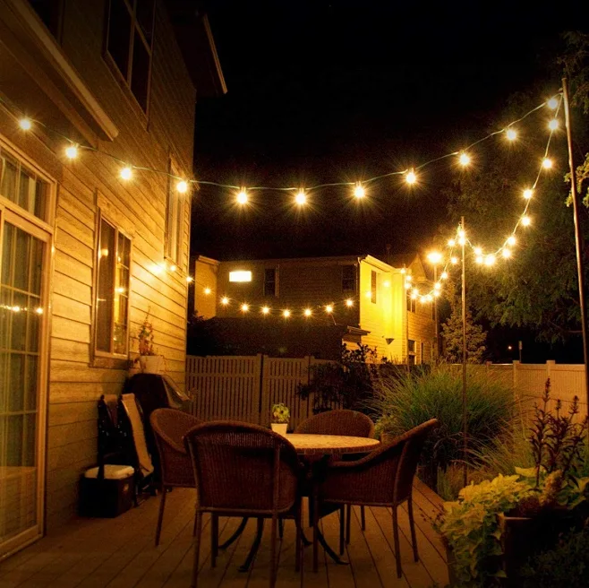 Outdoor string lights on a patio